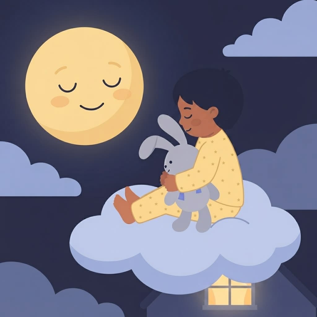 A child asleep on a cloud holding a small grey plush rabbit, beneath a crescent moon
